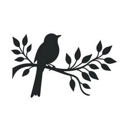 Black bird silhouette sitting on a branch with leaves in a simple nature design