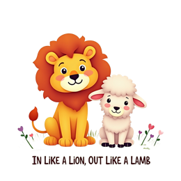 Cartoon lion with orange mane sitting next to a fluffy white lamb in a colorful nature scene