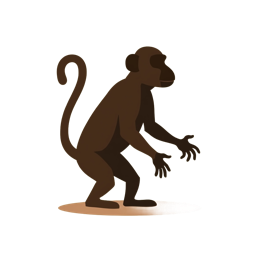 Playful cartoon monkey silhouette with big eyes and curly tail in brown on a soft yellow background