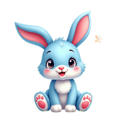 Cute cartoon blue bunny with pink ears sitting on green hill with colorful flowers and butterflies in a cheerful spring scene