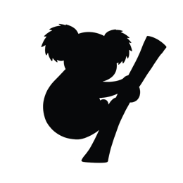 Black koala silhouette sitting on a branch with a light beige background in a simple flat design