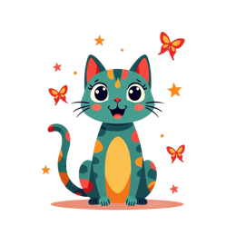 Cheerful cartoon kitten with bright colors, butterflies, and stars in a playful style for kids crafts