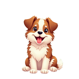 Happy cartoon puppy sitting in a colorful summer meadow with flowers and green hills