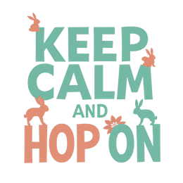 Keep Calm and Hop On SVG with cute cartoon rabbits in soft teal and coral colors on beige background