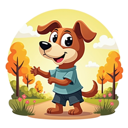 Happy cartoon dog in blue shirt waving in colorful autumn park with trees and flowers SVG design