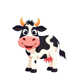 Happy cartoon cow with orange horns and colorful flowers SVG design for crafts and print-on-demand