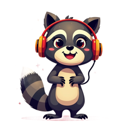 Cute cartoon raccoon wearing bright orange headphones with colorful musical notes on a beige background