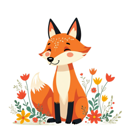 Cute cartoon fox with bright orange fur sitting among colorful red, yellow, and pink flowers with green leaves in a.