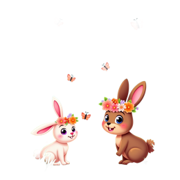 Cute cartoon white and brown rabbits wearing flower crowns in a colorful garden with butterflies and a rainbow
