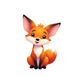 Cute friendly cartoon fox with orange fur and a red butterfly in a colorful forest with flowers and green grass