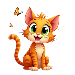 Friendly cartoon orange cat with green eyes surrounded by colorful flowers and butterflies in a bright garden