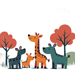 Playful cartoon animals SVG with giraffe and dogs in bright colors on a sunny nature background