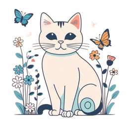 Cute cartoon cat with black stripes sitting among colorful flowers and butterflies on a bright pink background