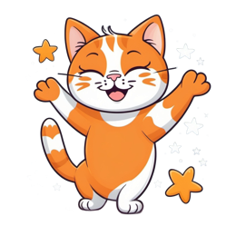 Cheerful orange cartoon cat with raised paws and stars, perfect for Cricut and Silhouette crafts
