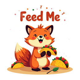 Cute cartoon fox holding colorful tacos with bright orange fur and playful food design