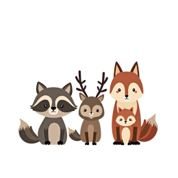 Cute cartoon forest animals SVG with raccoon, deer, and two foxes in soft colors for Cricut and Silhouette crafts