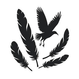 Minimalist black flying bird silhouette with five black feathers on beige background