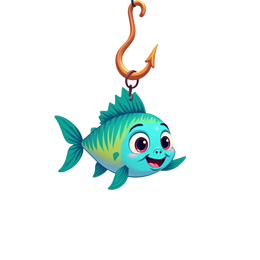Colorful cartoon fish SVG with happy blue-green fish, fishing hook, coral reef, and underwater bubbles