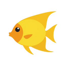 Bright cartoon yellow fish with orange fins and big eyes in a simple flat design