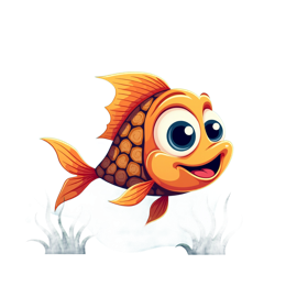 Playful cartoon orange fish with bubbles and seaweed on aqua background, perfect for kids’ crafts and shirts