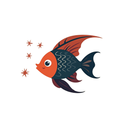 Colorful cartoon fish with orange head, dark body, red fins, and orange star accents in a playful style