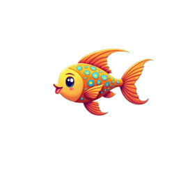 Cheerful cartoon orange fish swimming underwater with green seaweed and pink coral in a bright blue ocean scene