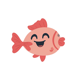 Happy cartoon pink fish with a smiling face and waving fin on a soft background