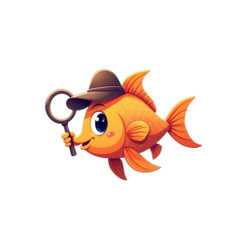 Cartoon goldfish wearing explorer hat holding magnifying glass in colorful underwater scene with corals and seaweed