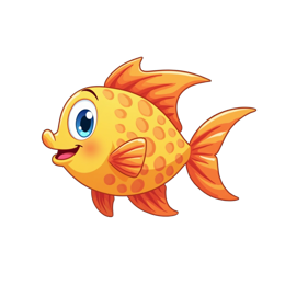 Bright orange cartoon fish with blue eyes swimming underwater with bubbles and seaweed in a cheerful style