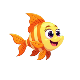 Bright cartoon fish with orange stripes swimming underwater with bubbles and colorful coral