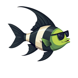 Cartoon green fish with black stripes wearing cool sunglasses in playful style SVG