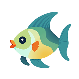 Colorful cartoon fish with greenish-blue body, bright orange lips, and playful eyes on a light background