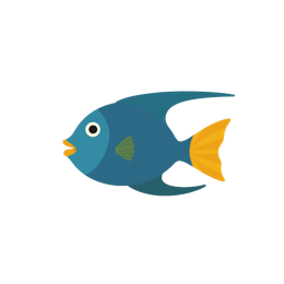 Cartoon blue fish SVG with yellow tail and green fin on cream background, simple and playful design