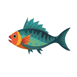 Colorful cartoon fish SVG with orange head, blue and green scales, and red fin for Cricut and Silhouette crafts