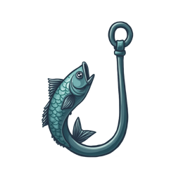 Colorful cartoon fish caught on a shiny fishing hook with blue and green hues in a playful style