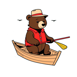 Cartoon bear wearing red shirt and straw hat paddling a wooden fishing boat on a blue lake with green hills background