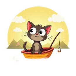 Cartoon cat fishing in an orange boat on blue water with goldfish and mountains background SVG