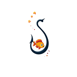 Cartoon fishing design with shiny black hook and cheerful orange goldfish swimming in blue water splash