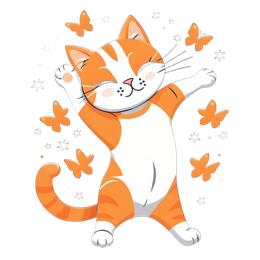 Playful orange and white cartoon cat with butterflies on navy background with stars