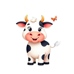 Cartoon farm cow with black spots, butterflies, colorful flowers, and green hills under a blue sky