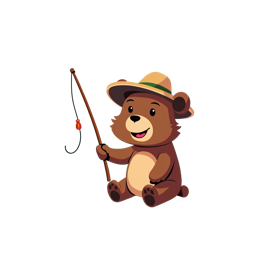 Cartoon bear fishing by river with colorful fish and trees in bright colors SVG design