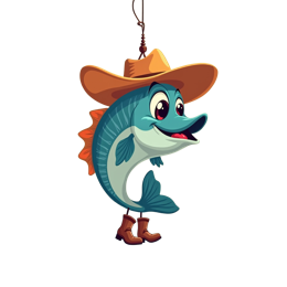 Cartoon blue fishing fish wearing yellow cowboy hat and brown boots hanging from fishing hook with playful ocean waves