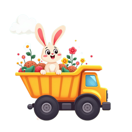 Cartoon farm bunny sitting in a yellow dump truck filled with colorful flowers and treats in a bright outdoor scene
