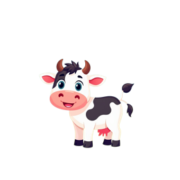 Cheerful cartoon cow with bright blue eyes standing in a colorful farm field with flowers and trees