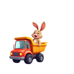 Cartoon farm bunny sitting happily in bright orange dump truck with flowers and sun background