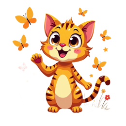 Cheerful cartoon orange cat waving with colorful butterflies and flowers in a bright fantasy style