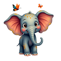 Cute fantasy elephant SVG with colorful butterflies and flowers for kids crafts