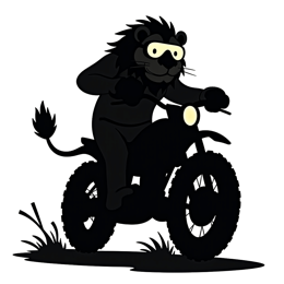 Cartoon lion wearing yellow goggles riding a black motorcycle with rugged tires in a fun and adventurous style