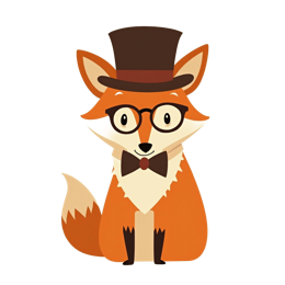 Cartoon fox illustration wearing black glasses, top hat, and bow tie with bright orange fur on beige background