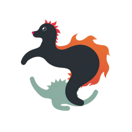 Playful fantasy animal cartoon design with a black fiery creature and turquoise baby dinosaur on pale orange background